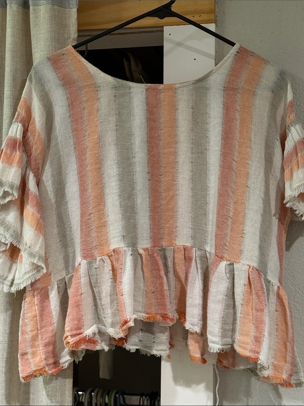 Mustard Seed Peach & Cream Striped Ruffle Crop Top